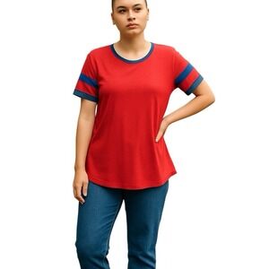 LuLaRoe Womens Large Classic Tee‎ Red Blue Ringer Short Sleeve Top